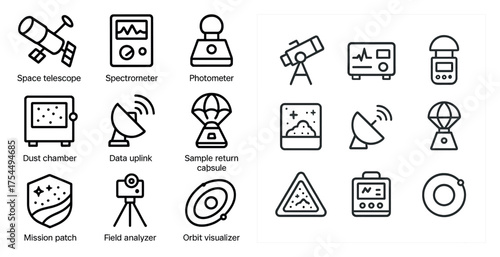 Space science outline icons set – linear, astronomy, satellite and exploration symbols