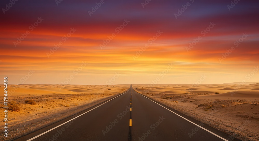Fototapeta premium Road through desert under warm orange to red gradient sky