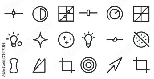 Photo editing tools linear icons set – outline, adjustment, enhancement symbols