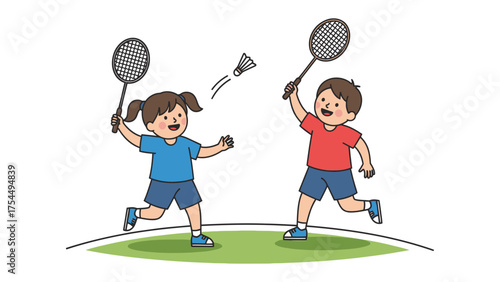 Joyful Badminton Moment: Two young children, engrossed in a lively badminton game, showcase their cheerful energy as they volley the shuttlecock in an outdoor setting. 