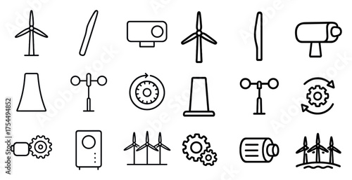 Renewable energy outline icons set – linear, eco, sustainable power symbols