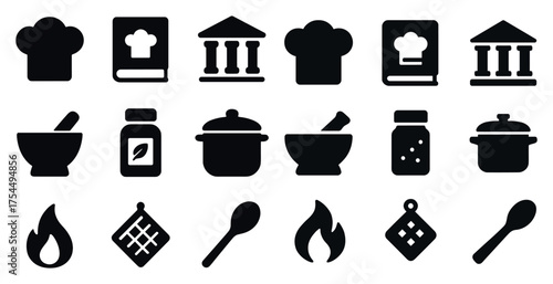 Culinary and kitchen solid icons set – flat, cooking tools and chef symbols