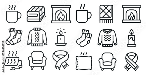 Cozy winter outline icons set – fireplace, candlelight, warm and comfy symbols