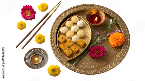 Traditional Indian pooja thali with diya, sweets, incense sticks, and flowers, gold metal texture, top view composition