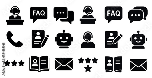 Customer support solid icons set – silhouette, communication, help desk symbols