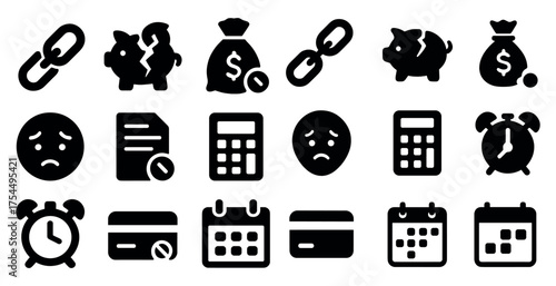 Financial and crisis solid icons set – filled, budget and economic breakdown symbols