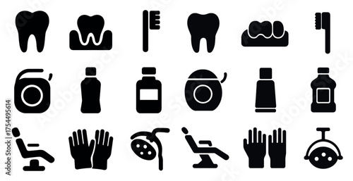 Dental and oral care icons set – solid, filled, hygiene and tooth symbols