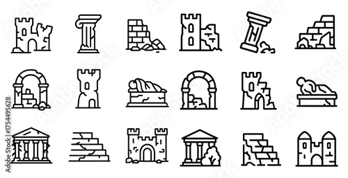 Ancient ruins line icons set – outline, linear, historical architecture symbols