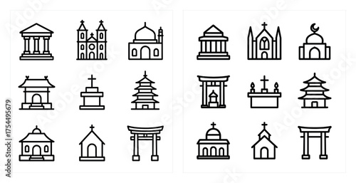 Religious buildings outline icons set – church, temple, mosque symbols