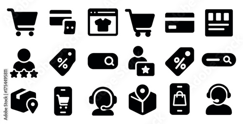 E-commerce filled icons set – shopping, transaction, online retail symbols