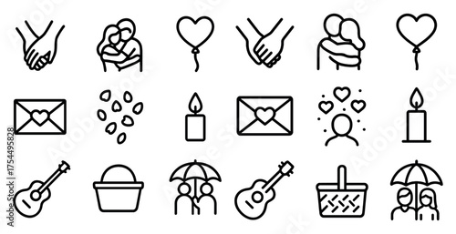 Valentine's day outline icons set – linear, romantic, love symbols for design