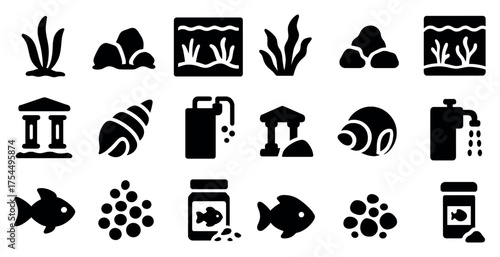 Aquarium and marine life silhouette icons set – filled, aquatic, ocean symbols