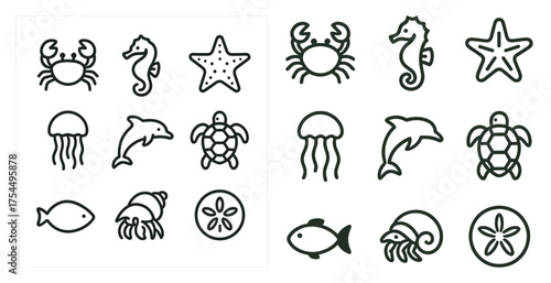 Marine life outline icons set – elegant, aquatic, sea creature graphics