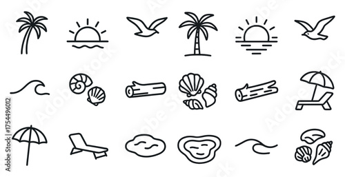 Beach and summer outline icons set – flat, vacation, tropical and seaside symbols