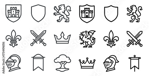 Medieval heraldry icons set – line, outline, crest and knight symbols
