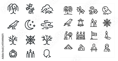 Nature and memorial outline icons set – line, silhouette, remembrance symbols