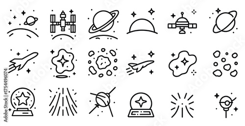 Space and astronomy outline icons set – linear, cosmic, celestial symbols