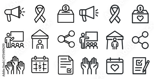 Charity and fundraising outline icons set – linear, silhouette, donation symbols