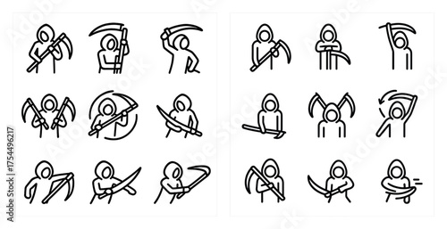 Reaper fighters outline icons set – combat, grim reaper, martial symbols