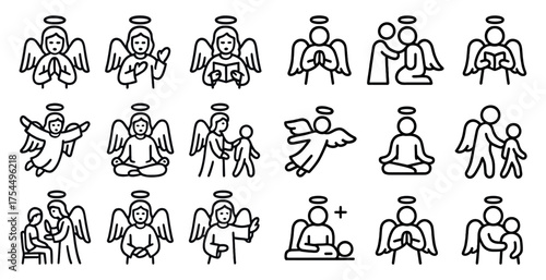 Angel outline icons set – linear, spiritual, heavenly and religious symbols
