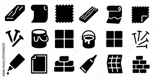 Construction tools silhouette icons set – solid, filled, building and repair symbols
