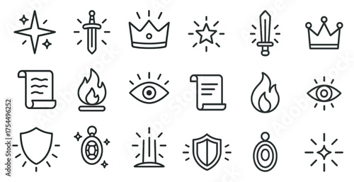 Fantasy and adventure icons set – outline, line, mythical and quest symbols