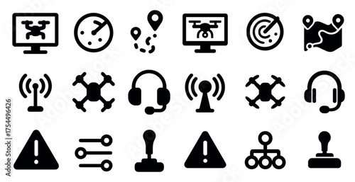 Drone and navigation icons set – solid, filled, technology and mapping elements