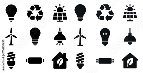 Energy and sustainability icons set – silhouette, recycling, eco-friendly symbols