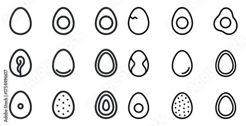 Egg outline icons set – line style, food, breakfast design symbols