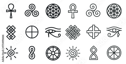 Ancient symbol icons set - outline, linear, spiritual and esoteric designs