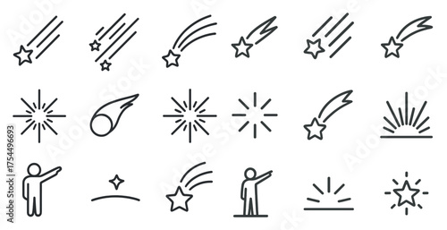 Stardust and astronomy outline icons set – celestial, cosmic, meteor symbols