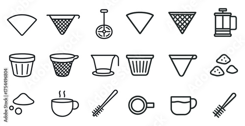 Coffee brewing equipment line icons set – outline, linear, barista tools and gadgets