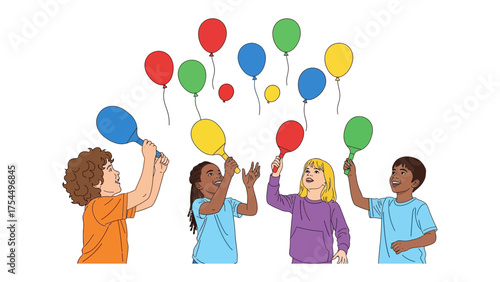 Joyful Moments with Balloons: Children celebrate with a cluster of colorful balloons, the simple joy and delight. Reflecting a lighthearted moment of carefree play.