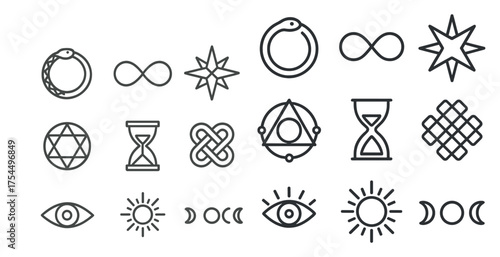 Sacred geometry outline icons set – linear, spiritual, mystical symbols for design