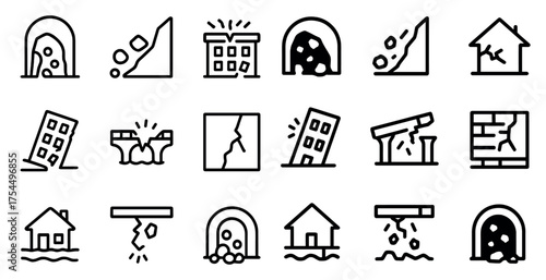 Earthquake hazard outline icons set – flat, filled, seismic and disaster symbols