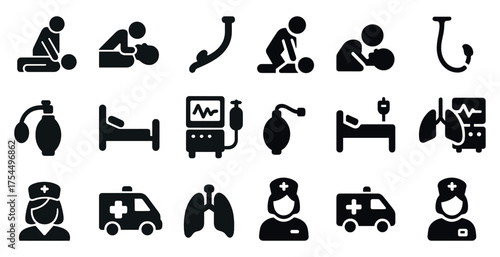 Cpr and medical solid icons set – healthcare, emergency aid, rescue symbols