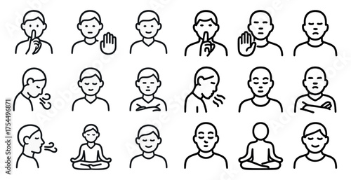 Mindfulness meditation icons set – outline, linear, yoga and relaxation symbols