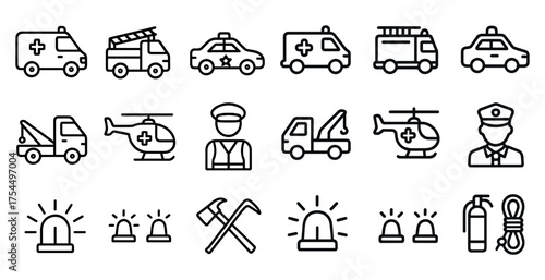 Emergency services icons set – outline, linear, rescue and safety symbols