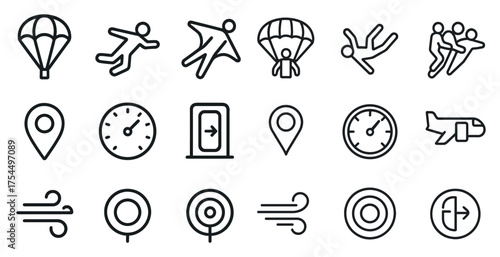 Skydiving and adventure outline icons set – silhouette, linear, thrill-seeker designs