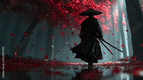 a lone samurai walking slowly through a misty forest, holding a katana at his side, wearing a traditional straw hat and kimono