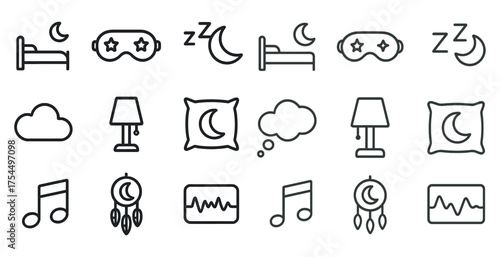 Sleep and relaxation icons set – outline, linear, bedtime and dream symbols