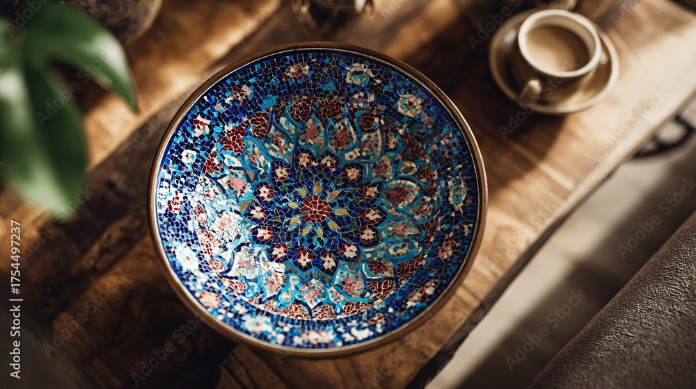 Turkish mosaic bowl placed on Nordic coffee table, overhead view