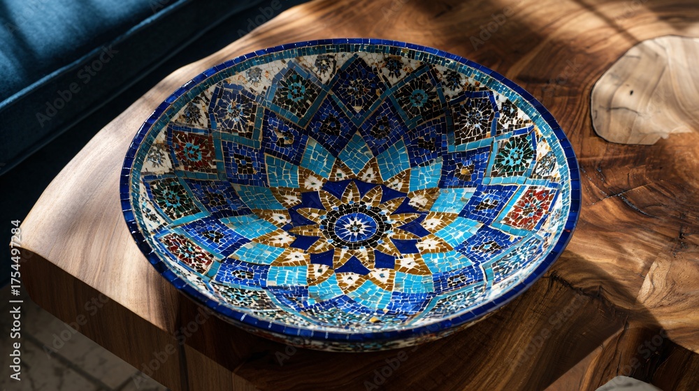 Turkish mosaic bowl placed on Nordic coffee table, overhead view