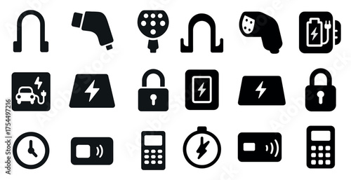 Electric vehicle charging silhouette icons set – filled, power, ev charger symbols