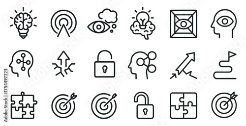 Brainstorm line icons set – outline, linear, creative thinking and innovation symbols