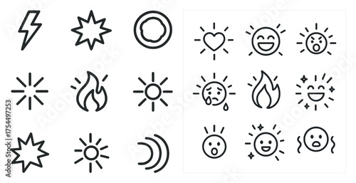 Weather and emotion icons set – linear, outline, mood and climate symbols