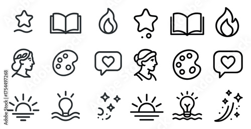 Creative arts outline icons set – linear, design, artistic symbols for inspiration