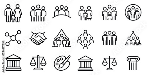 Community and teamwork linear icons set – outline, collaboration, group symbols