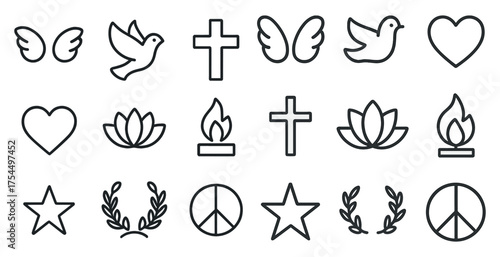 Peace and harmony icons set – outline, line, serenity and mindfulness symbols