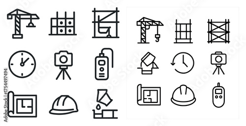 Construction and engineering outline icons set – linear, blueprint, building tools